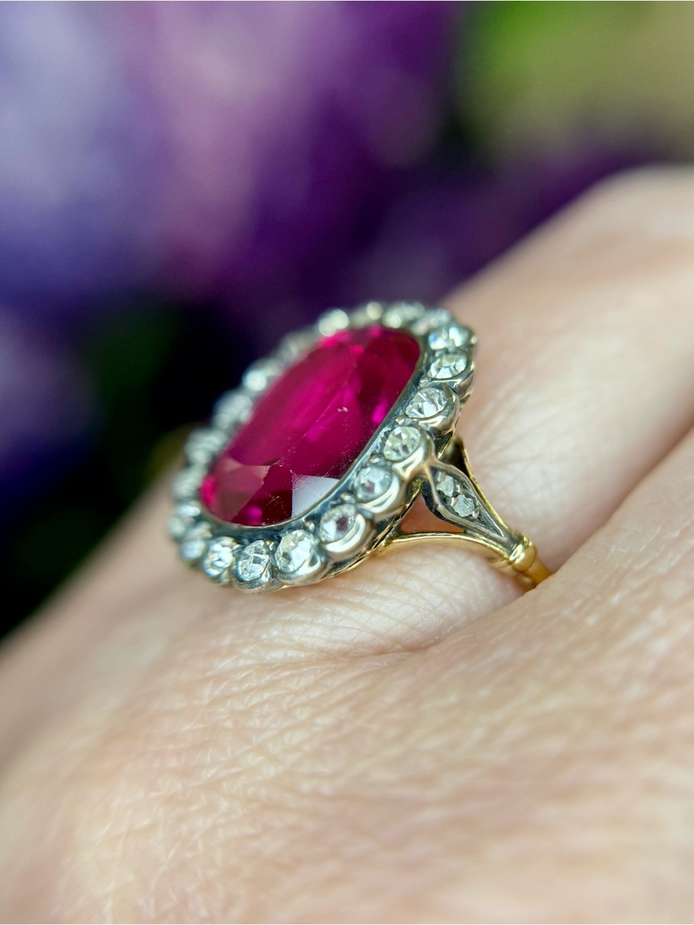 Antique Edwardian 18k Yellow Gold Silver Topped Ruby Diamond Ring - Picture 10 of 11